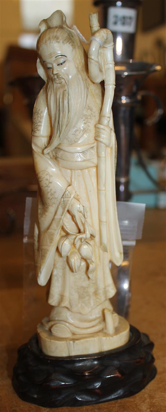 Japanese walrus ivory figure of Fukurokuju, early 20th century, wood stand(-)